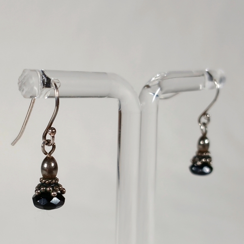 Vintage Sterling Silver Black Glass Drop Bead Fishhook Post Earrings